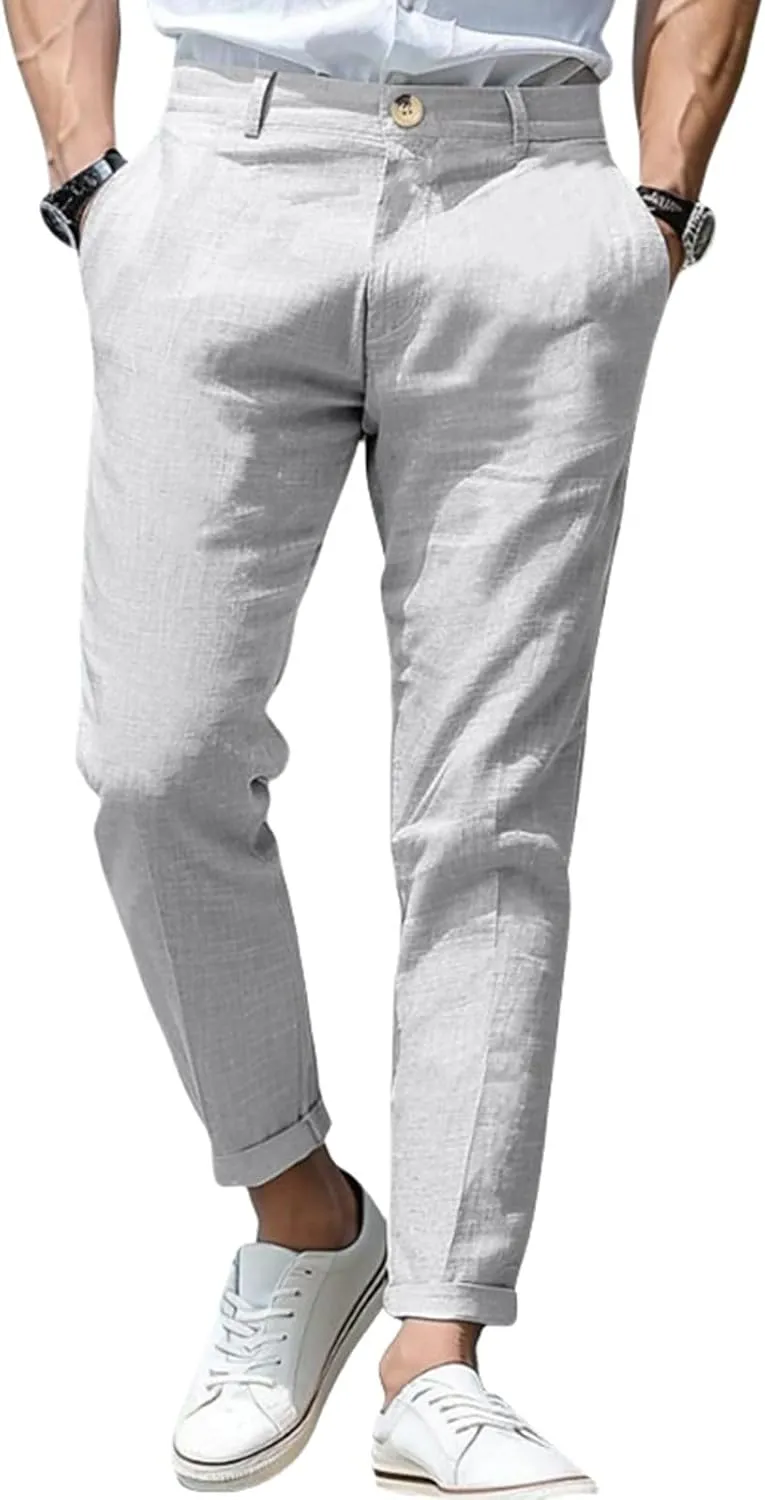 Thatrich Mens Suit Pants Slim Fit Straight Leg Business Casual Pant Cotton Linen Breathable Trousers Comfy Work Formal Wear