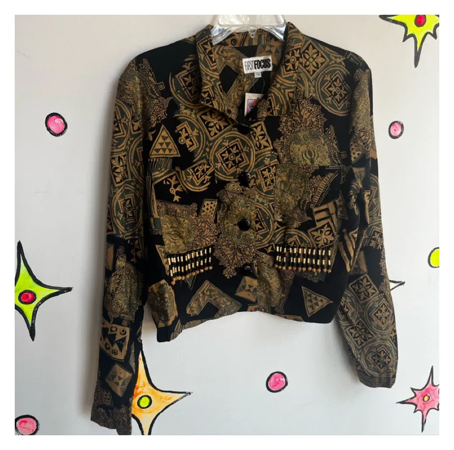 Vintage 90s | Funky Abstract Art Print Beaded Cropped Top | Size 7/8