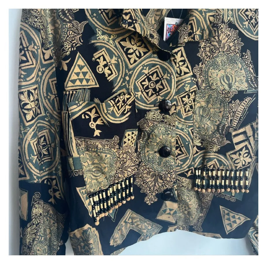 Vintage 90s | Funky Abstract Art Print Beaded Cropped Top | Size 7/8