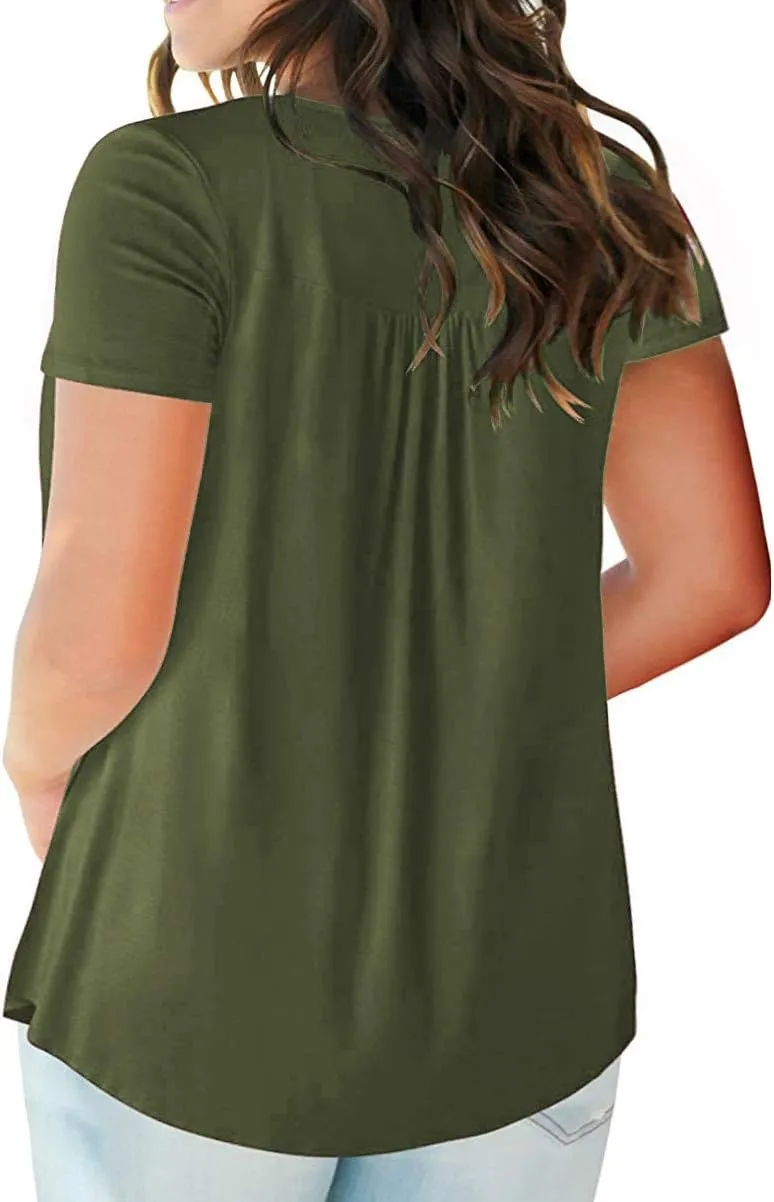 VISLILY Women's Plus Size Henley Shirts Flowy Summer Tops Pleated Buttons Up Tunics