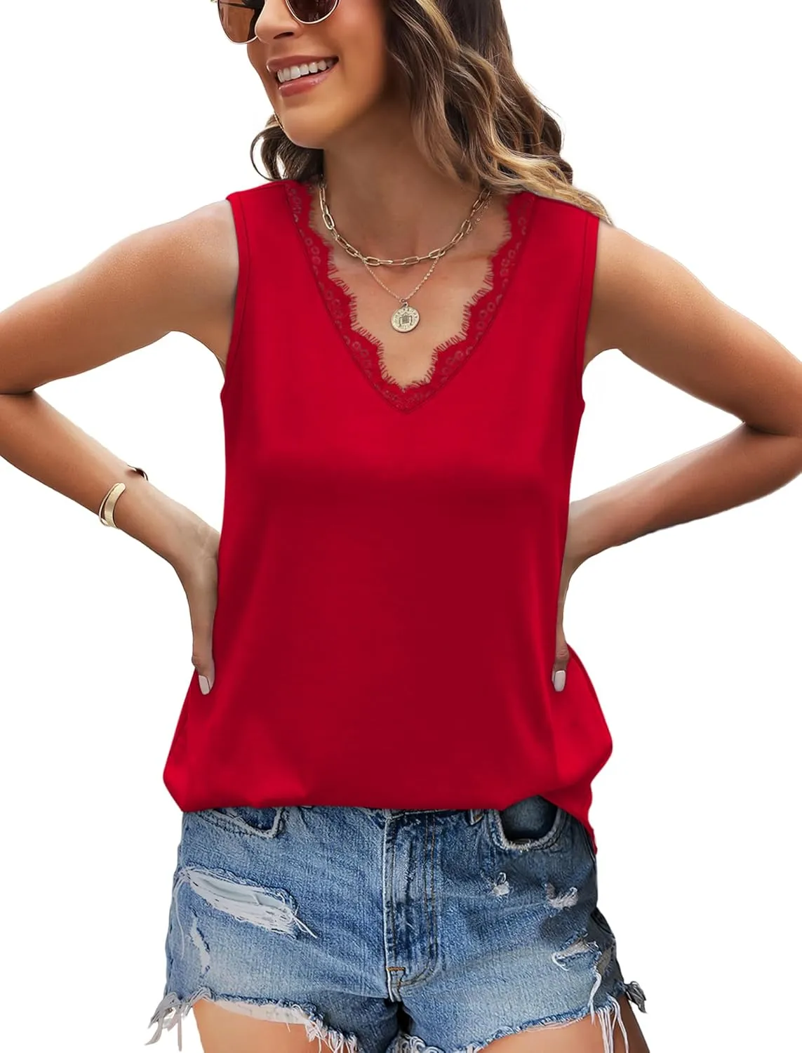 WIHOLL Womens Summer Tank Tops Loose Fit Lace V Neck Sleeveless Tops Shirts Dressy Casual Flowy(S-3XL)