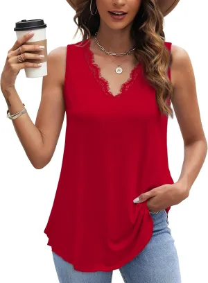 WIHOLL Womens Summer Tank Tops Loose Fit Lace V Neck Sleeveless Tops Shirts Dressy Casual Flowy(S-3XL)