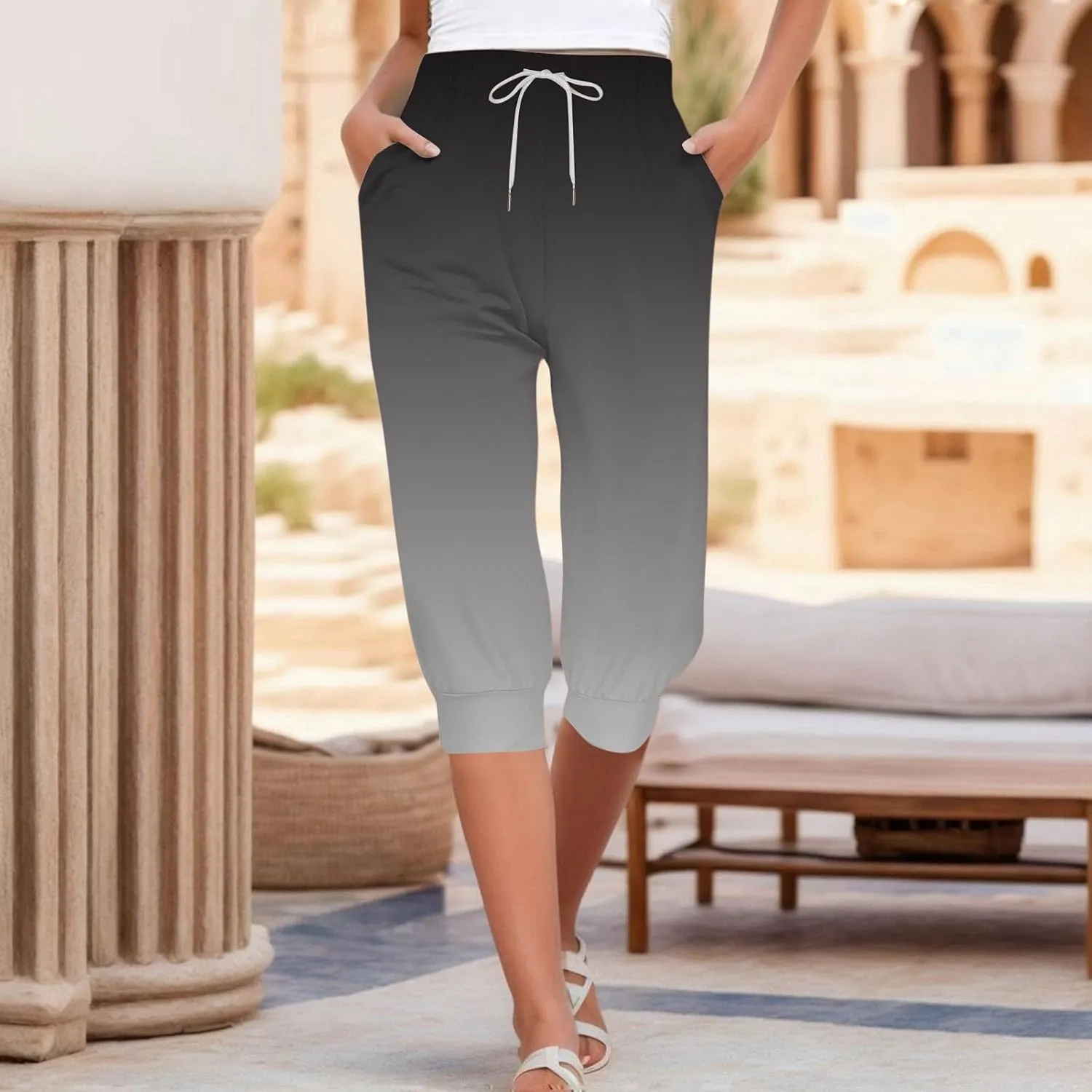 Women Linen Summer Baggy Palazzo Pants Elastic Waist Baggy Stretchy Slim-Fit Pant Trousers Work Business