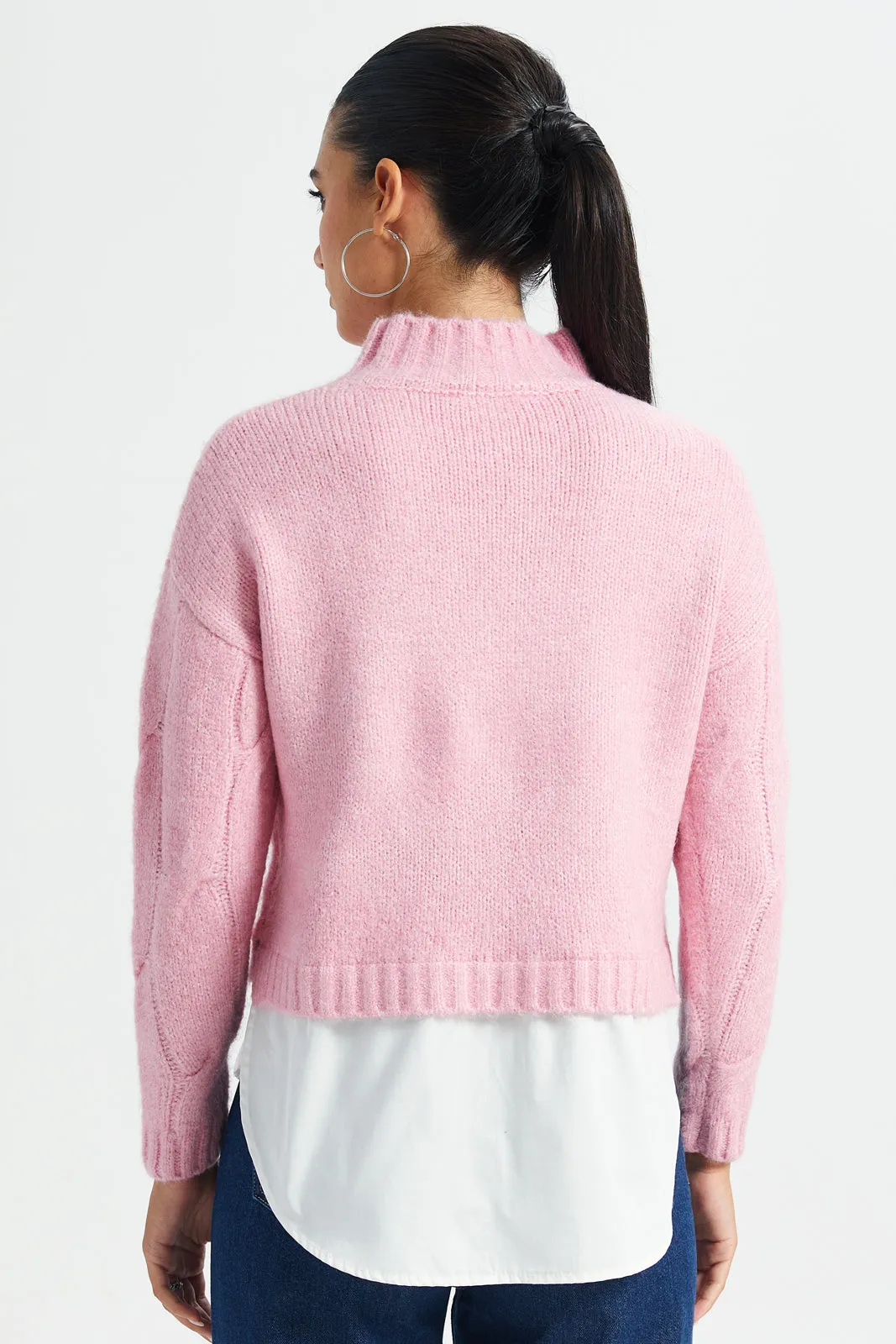 Women Pink And White High Neck Top