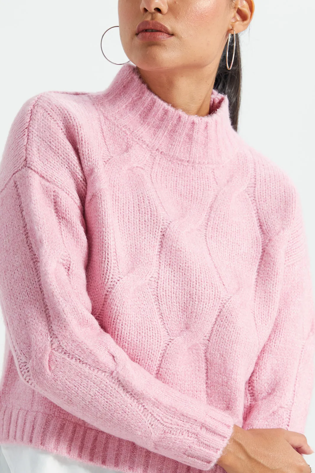 Women Pink And White High Neck Top