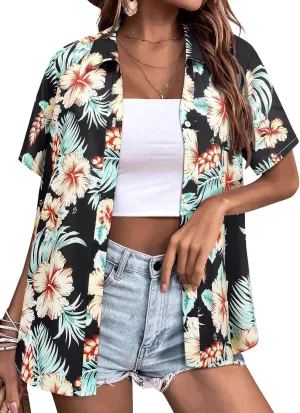 Womens Button Down Hawaiian Shirts Short Sleeve Floral Print Summer V Neck T-Shirt Casual Summer Beach Blouses Tops