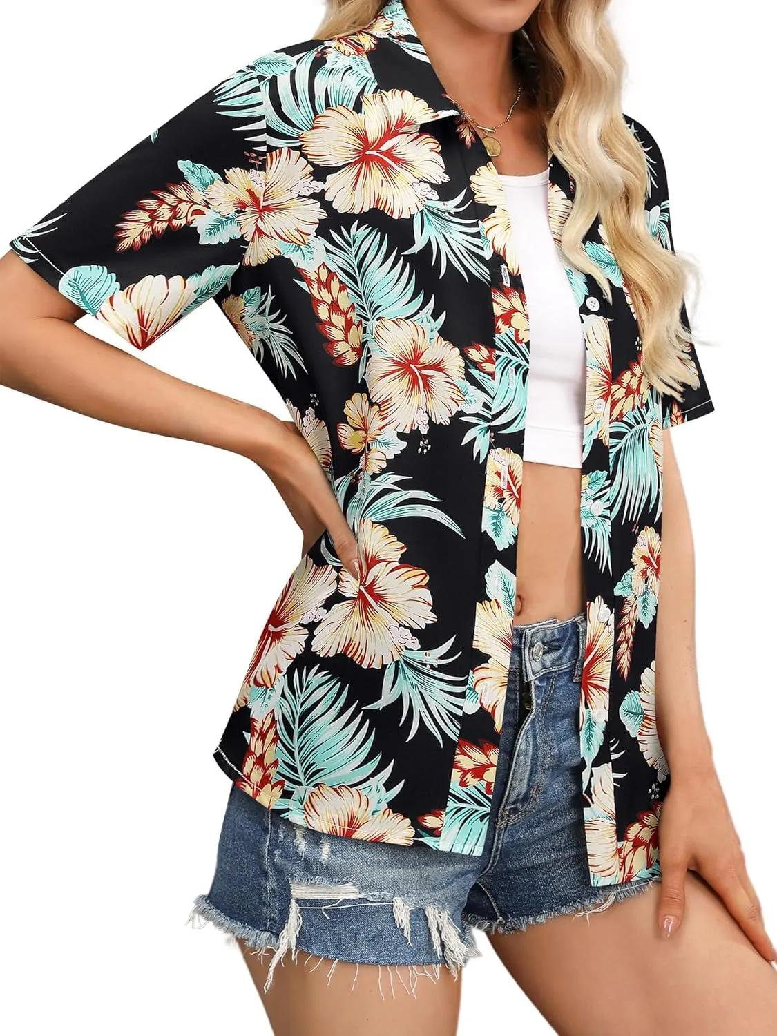 Womens Button Down Hawaiian Shirts Short Sleeve Floral Print Summer V Neck T-Shirt Casual Summer Beach Blouses Tops