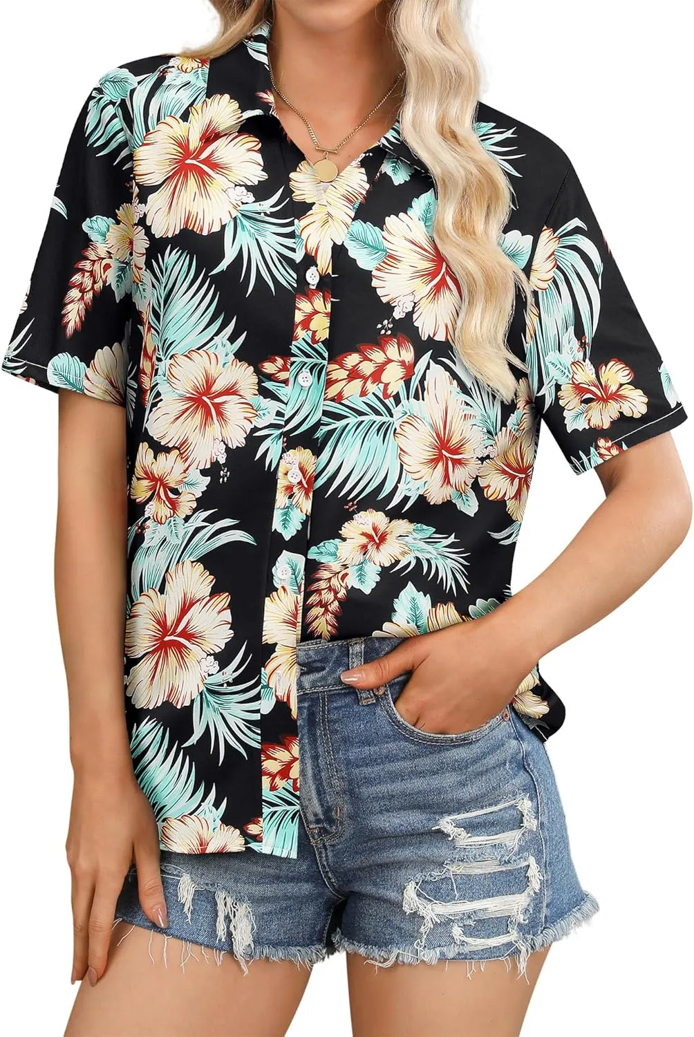 Womens Button Down Hawaiian Shirts Short Sleeve Floral Print Summer V Neck T-Shirt Casual Summer Beach Blouses Tops