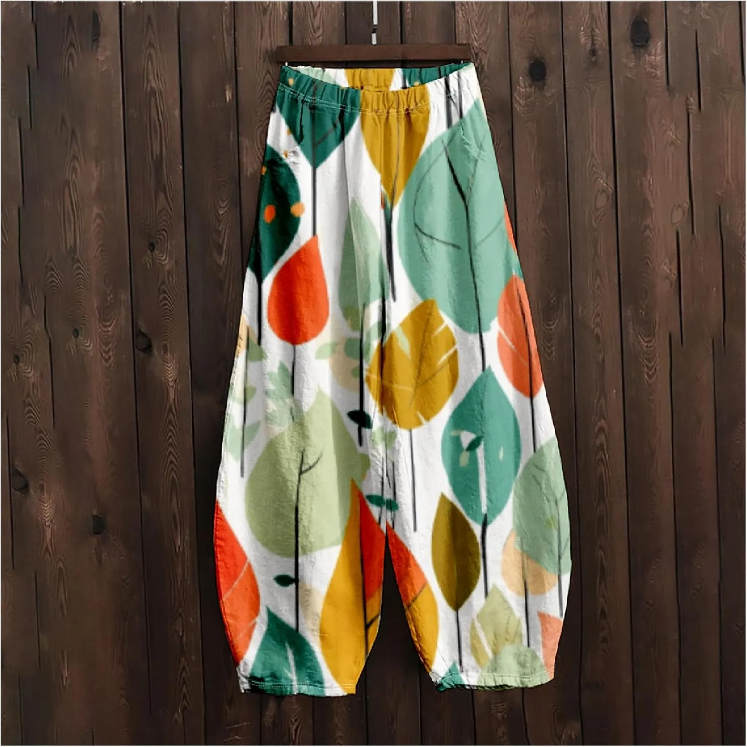 Women's Cotton Linen Pants Casual Baggy Pants Boho Printed Elastic High Waist Relax Fit Lantern Trouser Plus Size