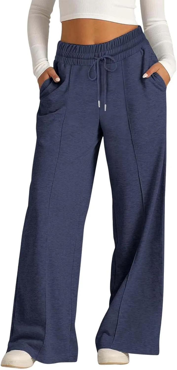 Women's High Waist Pants Wide Leg Casual Drawstring Sweatpants with Pockets Loose Solid Straight Leg Lounge Trousers