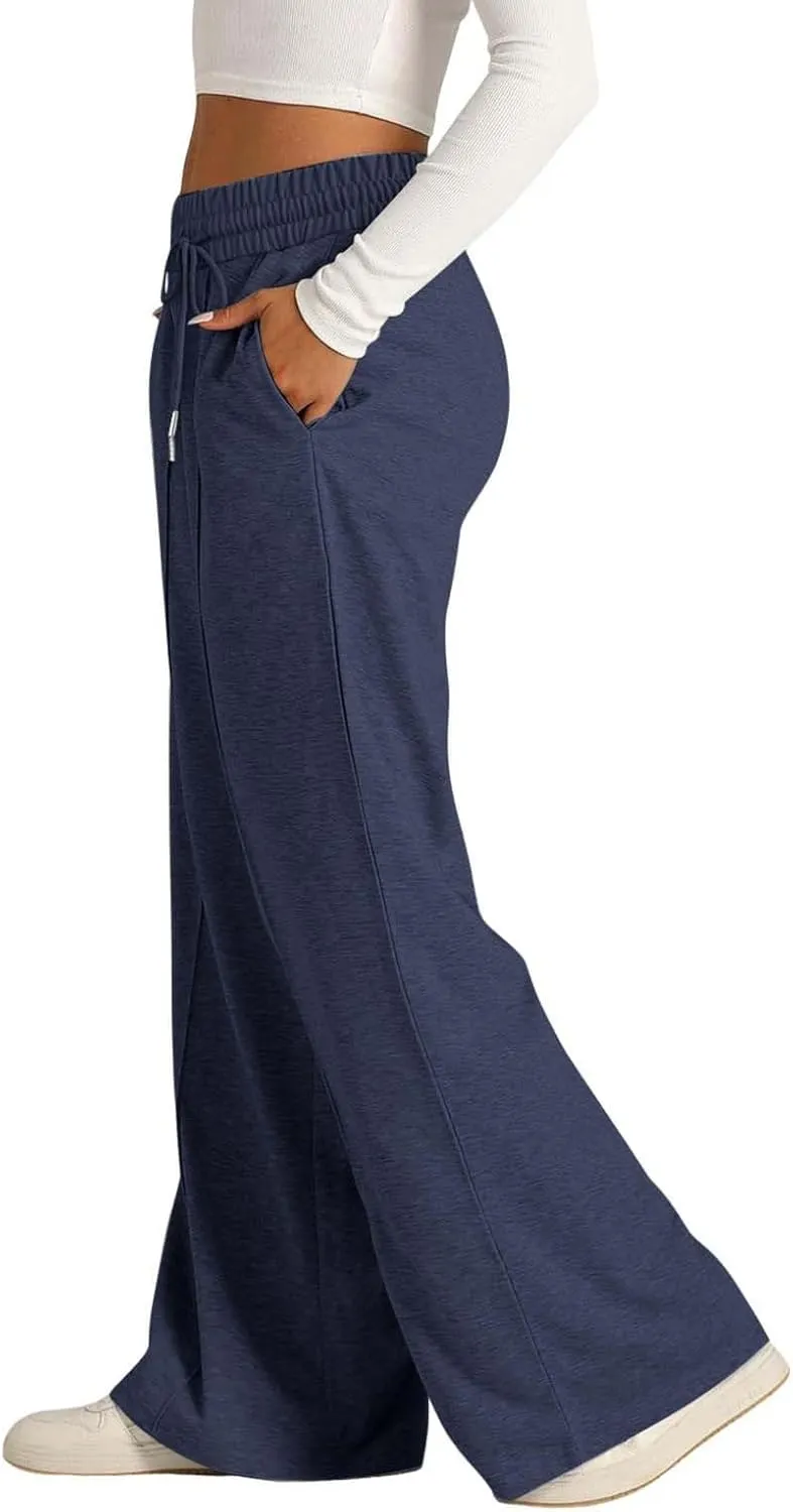 Women's High Waist Pants Wide Leg Casual Drawstring Sweatpants with Pockets Loose Solid Straight Leg Lounge Trousers