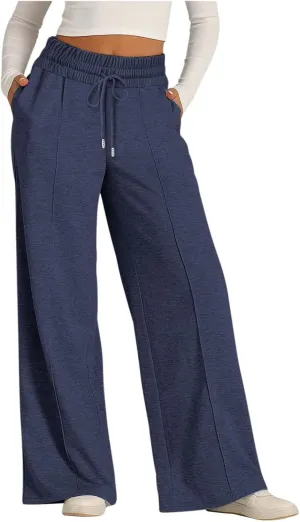 Women's High Waist Pants Wide Leg Casual Drawstring Sweatpants with Pockets Loose Solid Straight Leg Lounge Trousers