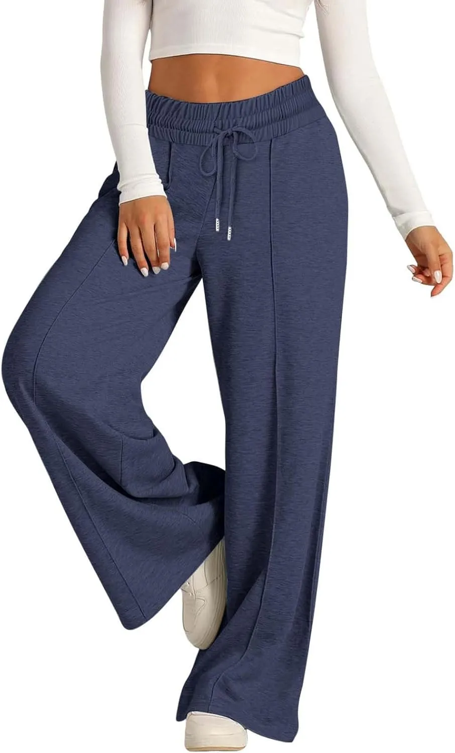 Women's High Waist Pants Wide Leg Casual Drawstring Sweatpants with Pockets Loose Solid Straight Leg Lounge Trousers