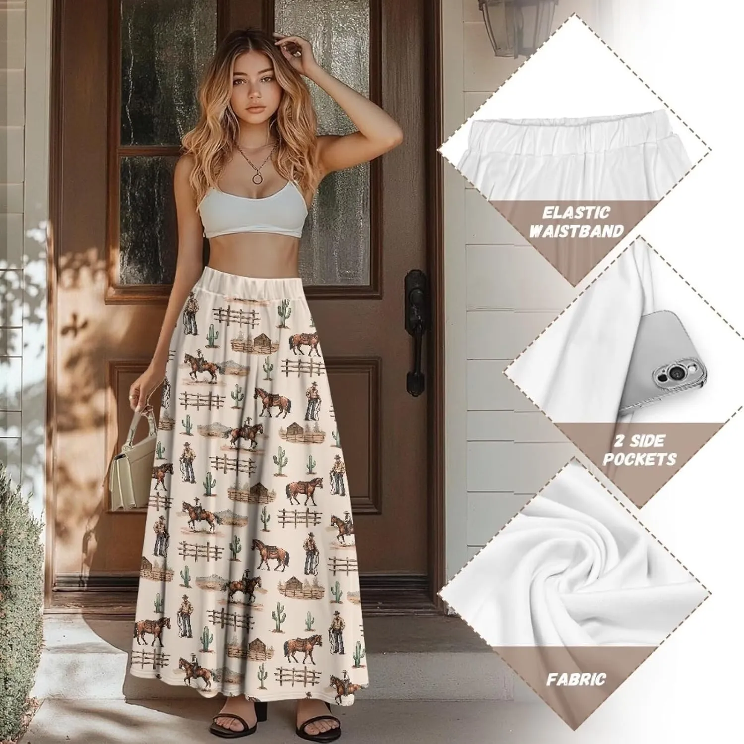 Women's Midi Skirt Elastic Pleated Long Skirts for Women Trendy with Pocket s-2xl
