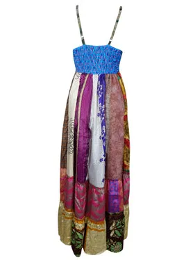 Womens Upcycle Silk Maxi Dress, Multicolor Bohemian Strapdres M/L