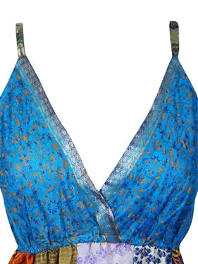 Womens Upcycle Silk Maxi Dress, Multicolor Bohemian Strapdres M/L