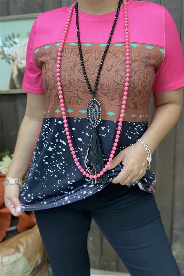 XCH15330 Paisley&white dots w/black fuchsia block color printed short sleeve women tops