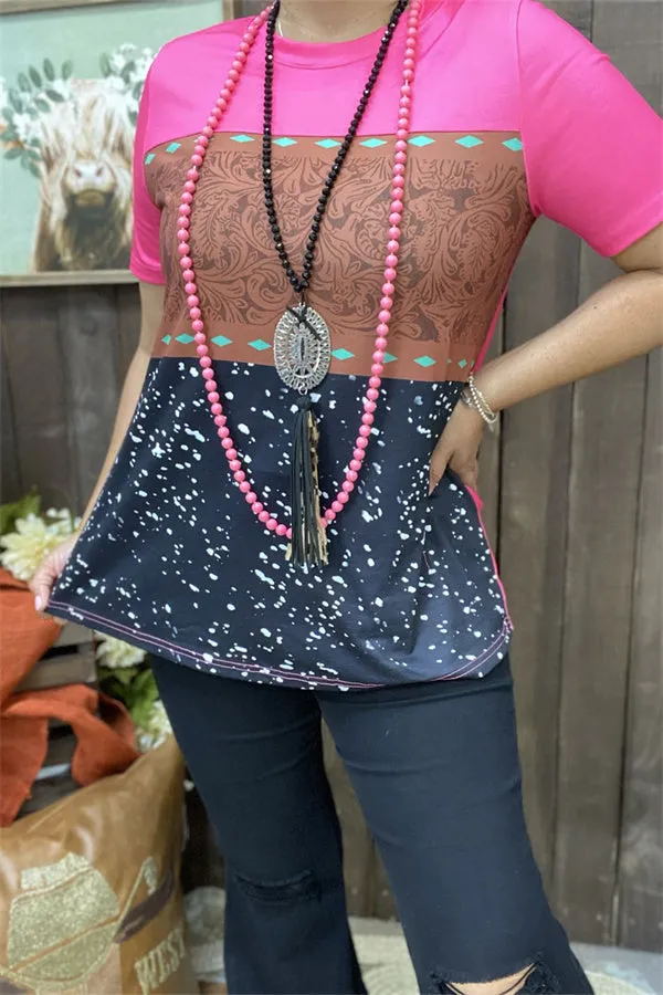 XCH15330 Paisley&white dots w/black fuchsia block color printed short sleeve women tops