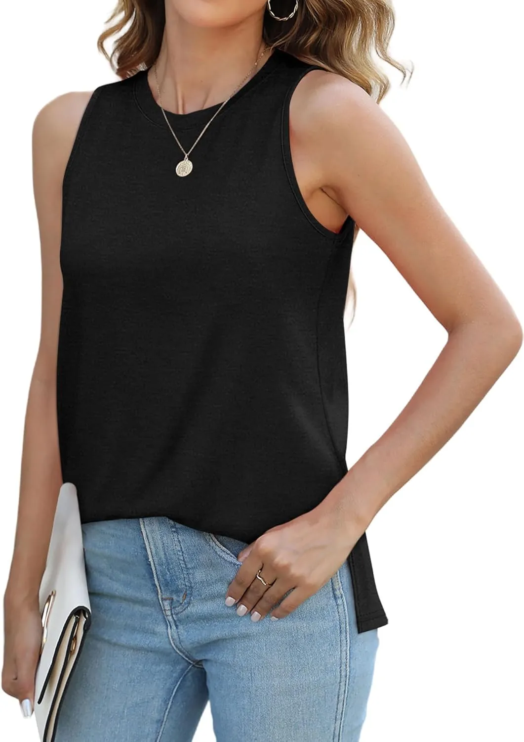 XIEERDUO Womens Tank Tops Crewneck Loose Fit Basic Casual Summer Side Split Sleeveless Shirts