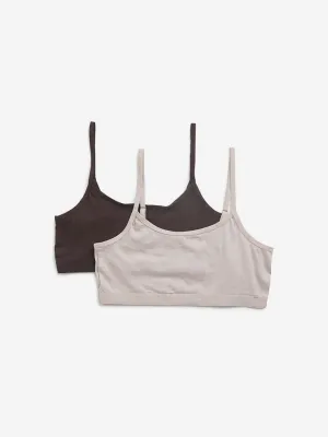 Y&F Kids Beige & Dark Brown Cotton Crop Top - Pack of 2
